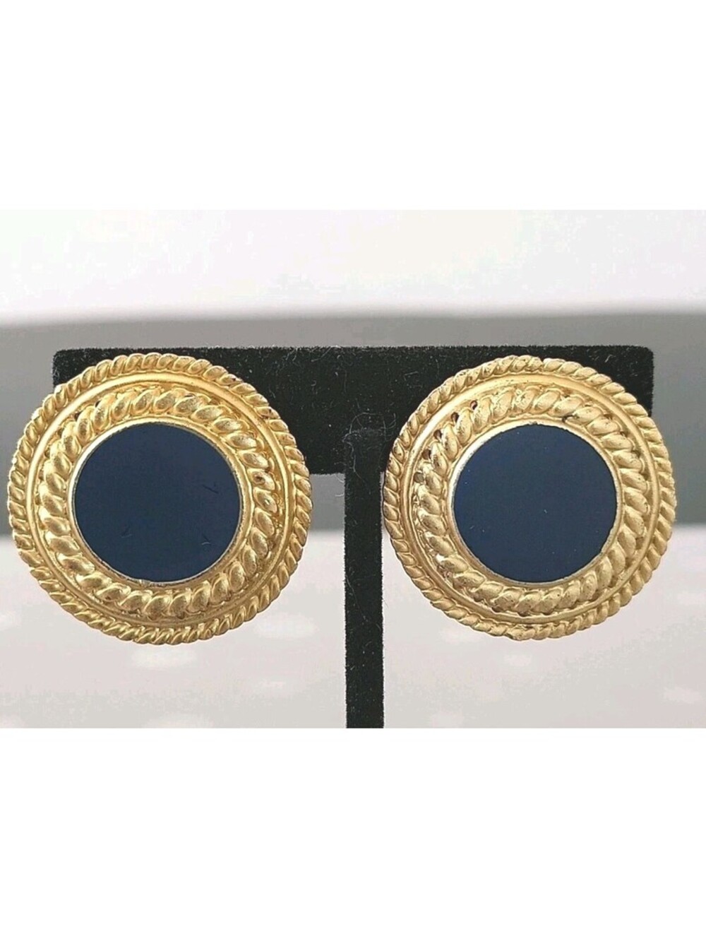 Vintage Anne Klein Clip Earrings Gold tone Navy Enameled Swirls Clip-on EUC O22